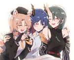  3girls animal_ears arknights arm_around_shoulder arm_warmers armband backlighting bangs black_gloves black_jacket black_shirt blonde_hair blue_hair blush breasts ch&#039;en_(arknights) closed_eyes collared_shirt commentary dragon_horns dress_shirt drill_hair eyebrows_visible_through_hair fingerless_gloves gloves green_hair grin hair_between_eyes highres horns hoshiguma_(arknights) hoshiguma_(patrolling_ronin)_(arknights) jacket kyou_039 laughing long_hair medium_breasts multiple_girls oni_horns open_clothes open_jacket open_mouth parted_bangs scar scar_on_cheek scar_on_face shirt side_drill simple_background single_horn sleeveless sleeveless_shirt smile sweatdrop swire_(arknights) tiger_ears turtleneck twin_drills upper_body white_background white_shirt 