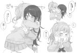 2girls blush chibi commentary dot_nose greyscale hands_on_another&#039;s_face highres hoshino_ichika_(project_sekai) hug long_hair long_sleeves miyamasuzaka_girls&#039;_academy_school_uniform monochrome mu_ri003 multiple_girls neckerchief nuzzle pleated_skirt project_sekai sailor_collar school_uniform serafuku simple_background skirt speech_bubble sweatdrop tenma_saki translated twintails white_background yuri 