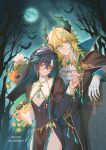  2boys absurdres ajaw_(genshin_impact) basket black_dress black_hair black_jacket black_veil blonde_hair chest_tattoo commission cross cross_earrings dragon_horns dress earrings full_moon gem genshin_impact gloves green_eyes green_gemstone green_hair hair_between_eyes halloween happy_halloween highres holding holding_basket horns humanization jack-o&#039;-lantern jacket jewelry kinich_(genshin_impact) liu_(erzplubdduik93g) long_hair long_sleeves male_focus moon multicolored_eyes multicolored_hair multiple_boys tattoo veil white_gloves 