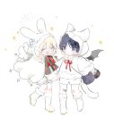  1boy 1girl alternate_costume angel_wings animal_bag animal_ear_hood animal_ears arms_at_sides bag bandaid bandaid_on_leg basket black_hair black_wings blonde_hair bloomers blue_flower blunt_ends blush boots bow cat_bag cat_ears cat_tail cloak closed_eyes closed_mouth demon_wings detached_wings eyelashes eyeliner eyeshadow facing_another flower fur-trimmed_boots fur-trimmed_cloak fur-trimmed_hood fur-trimmed_sleeves fur_trim genshin_impact green_bow hair_between_eyes hair_flower hair_ornament happy highres holding holding_basket hood hood_up hooded_cloak hooded_jacket jacket kusa_013yyds long_sleeves lumine_(genshin_impact) makeup multicolored_flower open_mouth pom_pom_(clothes) purple_eyes rabbit_ears red_bow red_eyeliner red_eyeshadow scaramouche_(genshin_impact) short_hair short_hair_with_long_locks shorts shoulder_bag sidelocks sketch string tail teeth two-tone_bow upper_teeth_only white_background white_bloomers white_boots white_cloak white_flower white_hood white_jacket white_shorts white_sleeves white_wings wings wispy_bangs 