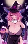  1girl absurdres basket black_dress breasts candy cleavage collar collarbone commentary_request covered_navel dress food halloween halloween_costume hand_in_own_hair hat highres hitodama holding holding_basket large_breasts licking_lips looking_at_viewer medium_hair moon one_eye_covered pink_eyes pink_hair raptor7 saigyouji_yuyuko smile solo thighs tongue tongue_out touhou witch_hat 