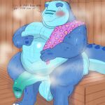 alligator alligatorid anthro balls big_balls big_butt big_penis blue_body blue_penis blue_scales blue_tail bodily_fluids butt crocodilian dialogue embarrassed genital_fluids genitals hi_res huge_balls huge_butt huge_penis hyper hyper_genitalia hyper_penis male moobs obese obese_anthro obese_male overweight overweight_anthro overweight_male penis precum reptile sauna scales scalie seriftarkus sitting solo steam tail thick_thighs towel