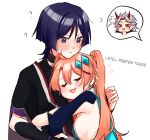  1girl 2boys ahoge aqua_dress arataki_itto arm_cutout armor artist_self-insert black_bodysuit black_kimono black_sleeves blue_gemstone blue_sleeves blunt_ends blush bodysuit breasts closed_eyes closed_mouth clothing_cutout colored_inner_hair cone_horns couple covered_collarbone cropped_head crystal_earrings double-parted_bangs dress earrings eyelashes eyeliner eyeshadow facial_mark facing_viewer furisode gem gem_hair_ornament genshin_impact gold gold_trim hair_between_eyes half-sleeves hand_on_another&#039;s_back hand_on_own_chin head_on_head head_rest height_difference hetero highres horns hug japanese_armor japanese_clothes jewelry juban kimono kote kurokote layered_sleeves long_hair looking_at_another makeup medium_breasts multicolored_hair multiple_boys neck_ring oc_x_canon oni open_clothes open_kimono open_mouth orange_hair original purple_eyes purple_hair purple_rope purple_sleeves raised_eyebrow red_eyeliner red_eyes red_eyeshadow red_hair red_horns red_kimono rope scaramouche_(genshin_impact) short_sleeves sideboob spiked_hair spoken_character tsurime twintails white_background white_hair white_kimono wispy_bangs yoontrsh 