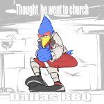  1:1 2020 anthro avian bandanna beak bird blue_body blue_eyes blue_feathers boots clothing english_text falco_lombardi feathers footwear half-closed_eyes hi_res jacket kerchief male meme narrowed_eyes nintendo red_body red_feathers sitting solo star_fox tail_feathers text the-hydroxian topwear video_games 