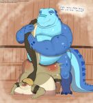 absurd_res alligator alligatorid anthro beanie big_butt blue_body blue_scales blush blush_lines bodily_fluids butt butt_jiggle butt_slap caiman clothing crocodilian cum cum_inflation cum_inside dialogue direction_lines duo eyewear from_behind_position genital_fluids glasses green_body green_eyes green_scales hat headgear headwear hi_res holding_tail huge_butt hyper hyper_butt inflation jiggling looking_pleasured male male/male moobs motion_lines multicolored_body narrowed_eyes obese obese_anthro obese_male on_ground onomatopoeia overweight overweight_anthro overweight_male penetration reptile sauna scales scalie seriftarkus sex slap slap_mark smile smirk sound_effects squint standing steam sweat tail tan_body tan_scales text two_tone_body