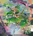  1girl bikini breasts cleavage closed_mouth copyright_notice earrings elbow_gloves gloves green_bikini green_eyes green_gloves green_shoes green_skirt green_thighhighs grey_hair hand_fan holding holding_fan jewelry looking_at_viewer medium_breasts moreshan official_art sanga_(wixoss) see-through_clothes see-through_skirt shoes skirt solo swimsuit thighhighs wixoss 