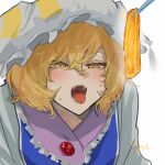  1girl blonde_hair blue_tabard chopsticks commentary_request dress eneshi food fox_girl hair_between_eyes hat highres long_sleeves looking_at_food open_mouth signature solo sweatdrop tabard teeth tofu tongue tongue_out touhou upper_body upper_teeth_only white_background white_dress yakumo_ran yellow_eyes 