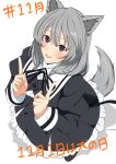 1girl absurdres animal_ear_fluff animal_ears assault_lily black_ribbon black_shoes black_skirt blush breasts commentary_request cropped_jacket dog_day dog_ears dog_girl dog_tail finger_counting frilled_skirt frills from_above full_body grey_hair hair_between_eyes hands_up hashtag hata_matsuri high-waist_skirt highres index_fingers_raised juliet_sleeves kemonomimi_mode long_sleeves looking_at_viewer looking_up medium_breasts medium_hair neck_ribbon november open_mouth puffy_sleeves purple_eyes ribbon school_uniform senri_(senri03151221) shirt shoes simple_background skirt smile solo standing tail translated white_background white_shirt yurigaoka_girls_academy_school_uniform 