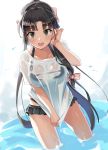  1girl bikini brown_eyes collarbone commentary dripping eyebrows_visible_through_hair hair_ribbon hair_tucking highres kantai_collection long_hair looking_at_viewer open_mouth ribbon see-through shirt shouhou_(kantai_collection) solo swimsuit takashi_(nougyou) very_long_hair water wet wet_clothes wet_shirt 