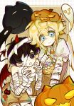  2boys angel angel_wings antenna_hair bandaged_arm bandages basil_(faraway)_(omori) basil_(omori) basket black_eyes black_hair blonde_hair blood blue_eyes blush blush_stickers candy cat closed_mouth double-parted_bangs fake_wings food hair_between_eyes halloween_costume highres holding holding_basket jack-o&#039;-lantern looking_at_viewer luoqiloveguangyu male_focus mewo multiple_boys mummy_costume omori open_mouth ringed_eyes short_sleeves sidelocks single_blush_sticker smile sunny_(omori) wings 
