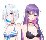  2girls :3 absurdres amane_kanata bangs bikini bikini_top black_bikini blue_eyes blue_hair blush breasts choker cleavage closed_mouth colored_inner_hair dreamoon eyebrows_visible_through_hair front-tie_bikini front-tie_top green_eyes hair_between_eyes hair_ornament hair_over_one_eye hairclip highres hololive long_hair looking_at_viewer multicolored_hair multiple_girls parted_lips pink_hair purple_hair short_hair side-by-side streaked_hair striped striped_bikini swimsuit tokoyami_towa very_long_hair virtual_youtuber white_hair 