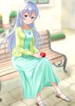  1girl ahoge aomi_one aqua_dress bangs bench blush bow braid casual closed_mouth collarbone day dress elaina_(majo_no_tabitabi) eyebrows_visible_through_hair food fruit grey_footwear hair_between_eyes hair_bow hair_over_shoulder highres holding holding_food holding_fruit jacket jewelry long_dress long_hair long_sleeves looking_at_viewer majo_no_tabitabi open_clothes open_jacket outdoors pendant pink_bow purple_eyes shiny shiny_hair silver_hair sitting smile solo very_long_hair yellow_jacket 