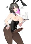  1girl anger_vein animal_ears areolae bangs bar_censor bare_shoulders between_breasts black_hair black_leotard black_neckwear blunt_bangs bob_cut bottle breasts breasts_outside brown_legwear bunny_ears bunny_tail censored colored_inner_hair covered_navel cum detached_collar erection eyebrows_visible_through_hair fake_animal_ears fake_tail futanari hair_ornament hairclip hand_on_hip highres holding holding_tray large_breasts large_penis leotard looking_at_viewer luse_maonang milk multicolored_hair necktie necktie_between_breasts nipples open_mouth original pantyhose penis penis_outside pink_eyes pink_hair playboy_bunny puffy_nipples sharp_teeth short_hair solo spoken_anger_vein strapless strapless_leotard tail teeth testicles thighs tray wrist_cuffs yuuki_mama 