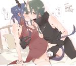  2girls arknights bead_bracelet beads bed black_gloves black_pants black_shirt blue_hair blush bracelet breasts breath censored ch&#039;en_(ageless_afterglow)_(arknights) ch&#039;en_(arknights) character_censor china_dress chinese_clothes chinese_commentary chinese_text cleavage cleavage_cutout clothing_cutout commentary_request dragon_horns dragon_tail dress fingering gloves green_eyes green_hair heavy_breathing highres horns hoshiguma_(arknights) hug jewelry kyou_039 long_hair looking_at_another medium_breasts medium_hair mixed-language_commentary multiple_girls novelty_censor oni_horns pants partial_commentary red_dress red_eyes shirt simple_background single_horn sleeveless sleeveless_dress sleeveless_shirt spread_legs sweat tail thighhighs thighs white_background white_legwear yuri 