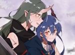  2girls arknights arm_around_shoulder armband black_shirt blue_hair blue_jacket ch&#039;en_(arknights) closed_mouth collared_shirt commentary cuts dragon_horns eyebrows_visible_through_hair fang from_side green_eyes green_hair hair_between_eyes holding holding_shield horns hoshiguma_(arknights) hug injury jacket kyou_039 long_hair medium_hair multiple_girls necktie oni_horns open_mouth profile red_eyes scar scar_on_cheek scar_on_face shield shirt single_horn sleeveless sleeveless_shirt smile upper_body white_shirt wing_collar yellow_neckwear 
