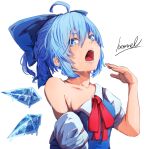  1girl absurdres ahoge artist_name blue_bow blue_dress blue_eyes blue_hair bow breasts cirno collarbone collared_shirt commentary_request detached_wings dress fanning_self hair_bow highres hot ice ice_wings looking_at_viewer looking_to_the_side medium_breasts melting melting_wings neck_ribbon nuru_himmel off_shoulder open_mouth red_ribbon ribbon shirt short_hair simple_background single_bare_shoulder solo sweat teeth touhou upper_body white_background white_shirt wings 