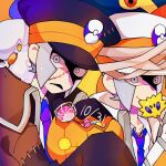  2boys black_coat blue_necktie brothers character-themed_food coat commentary eelektross emmet_(pokemon) grey_eyes grey_hair halloween highres ingo_(pokemon) joltik litwick male_focus multiple_boys necktie open_mouth orange_background partially_shaded_face pokemon pokemon_bw siblings sleeveless sleeveless_coat smile stitched_clothes stitched_face stitches symbol-only_commentary twins white_coat ya4_05 