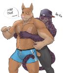  anthro bulge canid canine clothed clothing cuson dialogue duo eye_patch eyewear felid hat headgear headwear hi_res male male/male mammal muscular nipples pantherine scar tongue tongue_out underwear 