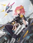  1girl asymmetrical_clothes black_thighhighs breast_curtain breasts capelet closed_mouth commentary_request drone expressionless goggles highres large_breasts long_hair looking_at_viewer motor_vehicle motorcycle original pink_hair ponytail single_leg_pantyhose single_thighhigh sitting solo thighhighs yellow_eyes yizhibao 
