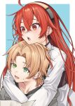  1boy 1girl absurdres ahoge blonde_hair blue_background cousins crossed_bangs eris_greyrat green_eyes grey_robe hair_between_eyes hairband hashtag-only_commentary head_on_head head_rest hetero highres hug hug_from_behind long_hair long_sleeves marbo_(saico556) mole mole_under_eye mushoku_tensei open_mouth parted_bangs red_eyes red_hair robe rudeus_greyrat shirt two-tone_background upper_body white_background white_shirt 