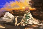  1girl batoson54 black_shirt breasts brown_eyes closed_eyes commentary_request couple dress elbow_gloves fire_emblem fire_emblem:_the_blazing_blade gloves green_hair hair_ornament hand_on_another&#039;s_head heath_(fire_emblem) hetero lap_pillow looking_at_another outdoors pants priscilla_(fire_emblem) red_hair shirt short_hair sitting sky sleeping sleeping_on_person small_breasts sun sunset white_gloves wing_hair_ornament 