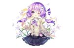  blush flowers fujii_shino petals purple_eyes purple_hair school_uniform skirt twintails vocaloid voiceroid white wink wristwear yuzuki_yukari 