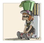  1girl apron badge baseball_cap black_apron bucket bucket_on_head button_badge closed_mouth domino_mask flower full_body hands_together hat highres inkling interlocked_fingers mask name_tag nishikuromori object_on_head orange_hair pen pink_flower pocket pointy_ears shirt shoes short_hair short_sleeves smiley_face sneakers solo splatoon_(series) splatoon_2 tentacle_hair tri-slosher_(splatoon) white_footwear white_shirt yellow_eyes 