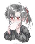  1boy aged_down black_hair black_hanfu blush child chinese_clothes eating food hair_between_eyes hair_ribbon hands_up hanfu highres holding holding_food long_hair long_sleeves looking_at_food looking_down male_focus messy_hair modao_zushi ponytail red_eyes red_ribbon ribbon robe sidelocks simple_background sketch solo steamed_bun upper_body watermark wei_wuxian weibo_watermark white_background wide_sleeves xue_ding_ka_fei_du_wei 