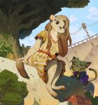 3_toes anthro bottomwear bracelet brown_eyes clothing collar detailed_background digital_media_(artwork) digital_painting_(artwork) dress duo ear_piercing ear_ring feet felid feline female fur green_eyes hair head_tuft jersey jewelry kristina_(ruffu) lion long_hair long_sleeves long_tail looking_at_viewer low-angle_view mammal markings mole_(marking) mole_under_eye painting_(artwork) pantherine pants pawpads pepper_(ruffu) piercing plant power_lines ring_piercing ruffu shirt sitting spots spotted_body spotted_fur striped_markings stripes tail toes topwear tree tuft unimpressed yellow_body yellow_fur