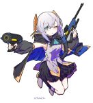  1girl absurdres aqua_ascot ars_almal ars_almal_(1st_costume) ascot black_cape black_skirt black_sleeves blue_ascot blue_eyes blush breasts cape closed_mouth detached_sleeves finger_on_trigger gun hair_between_eyes hair_ornament highres holding holding_gun holding_weapon hood hood_down hooded_cape jumping long_sleeves medium_breasts miniskirt nijisanji one_eye_closed open_mouth overwatch pleated_skirt puffy_long_sleeves puffy_sleeves shirt shoes short_hair skirt sleeveless solo tatami_kami virtual_youtuber weapon white_background white_hair white_shirt 