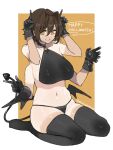  1girl artist_name black_gloves black_thighhighs breasts brown_hair commentary_request demon_tail extra_arms full_body gloves grin hair_intakes happy_halloween highres holding_own_tail horns_pose juusakai_erugo large_breasts looking_at_viewer low_wings navel orange_background original seiza simple_background sitting smile solo stomach tail tan tanlines thighhighs twitter_username two-tone_background white_background wings yellow_eyes 