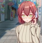  1girl :o alternate_hair_length alternate_hairstyle artist_name bangs beige_sweater bespectacled blurry blurry_background brown_hair commentary day doki_doki_literature_club english_commentary glasses green_eyes hair_ribbon hand_up highres kanarin6 long_sleeves looking_at_viewer monika_(doki_doki_literature_club) open_mouth orange-framed_eyewear outdoors ribbed_sweater ribbon road short_hair solo street sweater turtleneck turtleneck_sweater upper_body white_ribbon 