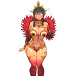  1girl bare_shoulders bikini_tan black_hair blush breasts clothing_request hand_on_own_chest headpiece highres huge_breasts jk_arts large_breasts long_hair navel pasties red_eyes samba short_hair sidelocks simple_background solo spy_x_family stomach tan tanlines transparent_background yor_briar 