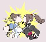  2girls akiman_pose black_gloves bracelet breasts chun-li cropped_jacket crossover double_bun earrings eye_contact eyeshadow fatal_fury fatal_fury:_city_of_the_wolves gloves hair_bun hair_ribbon highres jewelry kangyaku large_breasts looking_at_another makeup motoyui multiple_girls pearl_earrings ponytail ribbon rivalry shiranui_mai smile street_fighter street_fighter_6 upper_body yellow_ribbon 