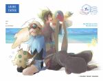  1boy 1girl animal_on_shoulder archen artist_name beach bird bird_on_shoulder blonde_hair blue_capelet brown_shirt capelet character_name english_text ginya_(silvernight0301) gloves goggles green_hair highres ocean outdoors pokedex_number pokemon pokemon_(creature) postcard red-framed_eyewear sand scarf shirt shroomish sitting sneezing unworn_scarf white_gloves 