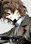  1boy absurdres akechi_gorou black_gloves black_necktie brown_hair brown_jacket finger_on_trigger from_side gloves gun hand_on_own_face highres holding holding_gun holding_weapon jacket lapels looking_at_viewer male_focus messy_hair necktie parted_lips persona persona_5 portrait red_eyes sa1meunegg shirt short_hair simple_background solo striped_clothes vertical-striped_clothes vertical-striped_necktie weapon white_background white_shirt wing_collar 