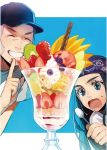  1boy 1girl asirpa bird black_hair blue_background blue_eyes blueberry closed_eyes dessert food fruit golden_kamuy grey_hair hat highres index_finger_raised kiwi kyosuke page_number parfait purple_headband saliva scan shiraishi_yoshitake simple_background smile spoon strawberry 