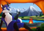  alps anthro black_sclera blue_body blue_fur camera camping canid canine canon cynthiafeline fire fireplace fox fur icefox joka landscape male mammal painting scenery solo solo_focus tent tree 