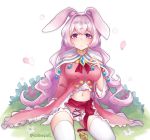  1girl animal_ears blouse bunny_ears capelet choker cowboy_shot dragalia_lost flower hair_intakes kyarotto_(zenkixd) long_hair looking_at_viewer melsa midriff navel petals pink_blouse pink_hair pink_skirt purple_eyes sitting skirt solo thighhighs twitter_username white_capelet white_legwear 