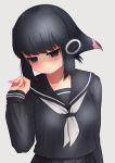  1girl absurdres adelie_penguin_(kemono_friends) alternate_costume bangs black_hair black_serafuku black_skirt blunt_bangs blush brown_eyes commentary_request deku_suke grey_background hand_up headphones highres kemono_friends long_sleeves looking_at_viewer medium_hair multicolored_hair pink_hair school_uniform serafuku shaded_face simple_background skirt sleeves_past_wrists solo two-tone_hair 