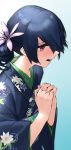  1girl absurdres blush crying crying_with_eyes_open flower hair_bun hair_flower hair_ornament hair_over_one_eye hands_clasped highres idolmaster idolmaster_shiny_colors japanese_clothes kimono morino_rinze open_mouth own_hands_together praying red_eyes seisei_tamago solo tears 