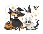  1girl 1other arthropod_girl bat_(animal) black_eyes black_hat black_skin cloak colored_skin full_body hat highres holding holding_weapon hollow_eyes hollow_knight hollow_knight:_silksong horned_mask hornet_(hollow_knight) horns mask needle_(hollow_knight) orange_hat pumpkin red_cloak simple_background sir_nvms standing weapon white_background white_mask witch_hat 