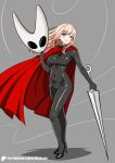  1girl absurdres artist_name black_bodysuit blonde_hair bodysuit breasts cape commentary cosplay covered_navel earrings gradient_hair high_heels highres holding holding_mask holding_weapon hollow_knight hollow_knight:_silksong hornet_(hollow_knight) hornet_(hollow_knight)_(cosplay) i.ruean jewelry kitagawa_marin large_breasts mask multicolored_hair needle_(hollow_knight) patreon_logo patreon_username pink_hair red_cape red_eyes smile solo sono_bisque_doll_wa_koi_wo_suru thread turtleneck turtleneck_bodysuit weapon web_address white_mask 