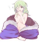  1girl ;o bad_id bad_pixiv_id barefoot blue_coat breasts coat collarbone cosplay dimitri_alexandre_blaiddyd dimitri_alexandre_blaiddyd_(cosplay) dimitri_alexandre_blaiddyd_(timeskip) female_byleth_(awakened)_(fire_emblem) female_byleth_(fire_emblem) fire_emblem fire_emblem:_three_houses fur-trimmed_coat fur_trim green_eyes green_hair hair_between_eyes long_hair medium_breasts naked_coat navel one_eye_closed open_mouth simple_background sitting solo stomach white_background yawning yukinonanami 