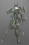  1girl absurdres armor blue_eyes blue_hair cannon covered_navel full_body giant giantess goggles goggles_on_head grey_background gun head-mounted_display highres joints kongtiao_cheng_tai_lang looking_at_viewer machine_gun magazine_(weapon) mecha_musume original robot_joints short_hair solo standing very_short_hair weapon 