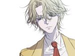  1boy blonde_hair blue_eyes closed_mouth commentary expressionless eyelashes hair_between_eyes highres jacket korean_commentary looking_to_the_side lyom0_0castile male_focus necktie pierre_tempete_de_neige shirt short_hair simple_background solo sugar_sugar_rune white_background white_shirt yellow_jacket 