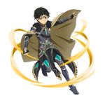  1boy armored_boots bangs black_eyes black_footwear black_gloves black_hair black_pants boots breastplate brown_cape cape closed_mouth cosplay_request fingerless_gloves fur_cape gloves hair_between_eyes highres kirito_(sao-alo) looking_at_viewer male_focus official_art pants pointy_ears short_hair solo sword_art_online sword_art_online:_memory_defrag thigh_boots thighhighs transparent_background 