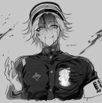  1boy aotsuki_eito armband blood blood_on_face commentary cropped_torso gakuran glasses greyscale grin hand_up hashtag-only_commentary headgear highres jacket kittyburger korean_text last_defense_academy_school_uniform looking_at_viewer male_focus monochrome rimless_eyewear school_uniform short_hair smile solo the_hundred_line_-last_defense_academy- translation_request 