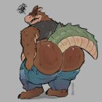 absurd_res activision annoyed anthro baconbearart big_butt black_clothing black_shirt black_topwear blue_bottomwear blue_clothing blue_pants bottomwear brown_body butt canid canine canis clothing crash_bandicoot_(series) crocodile crocodilian denim denim_bottomwear denim_clothing dingo dingodile hi_res huge_butt hybrid jeans looking_back male mammal overweight overweight_male pants pulling_up_pants reptile scalie shirt solo tail topwear vest yellow_eyes
