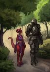  anthro armor duo ethrk female forest hi_res human knight kobold magic_user male mammal red_body red_skin scalie tree walking warrior 